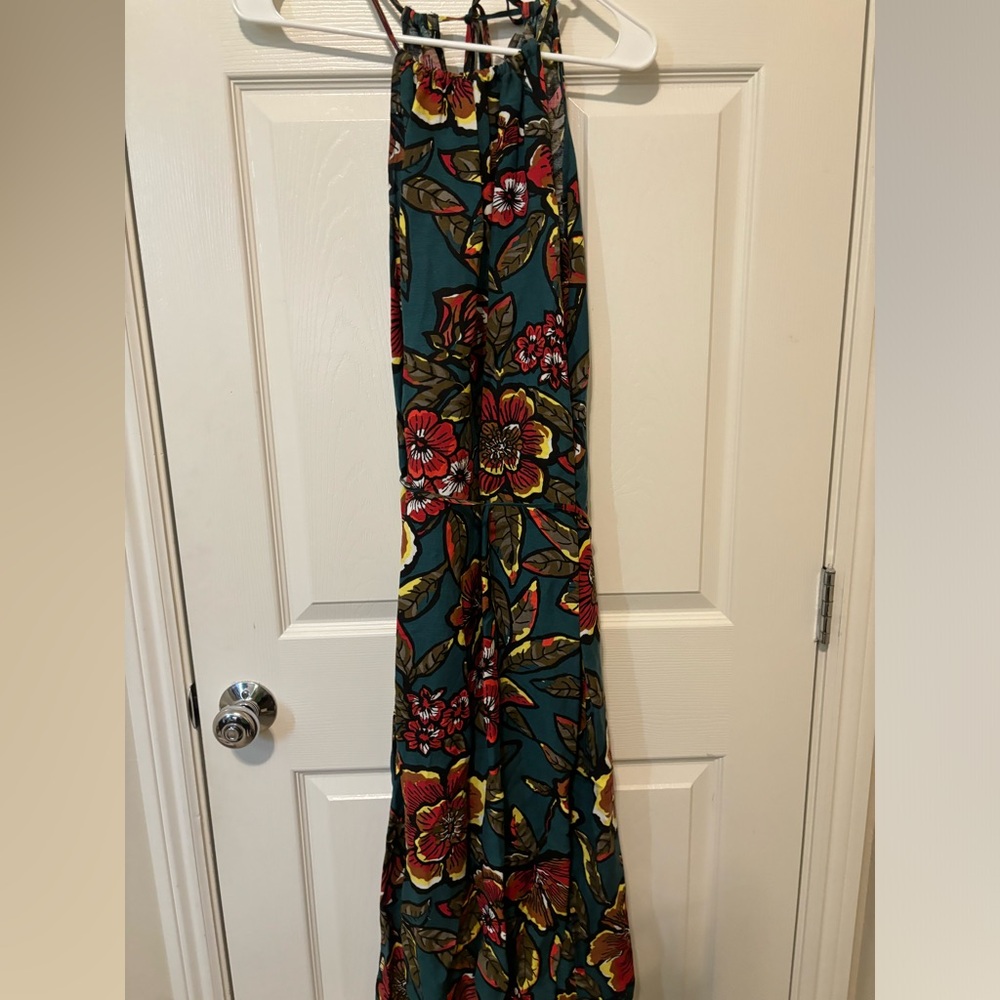 LOFT Paradise Tropical dark green and orange maxi halter dress with tie belt